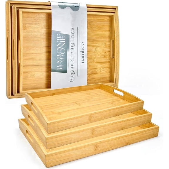 BABONIE Rectangular Bamboo Serving Tray with Handles Set of 3 - Stackable Serving Trays for Breakfast, Coffee Table