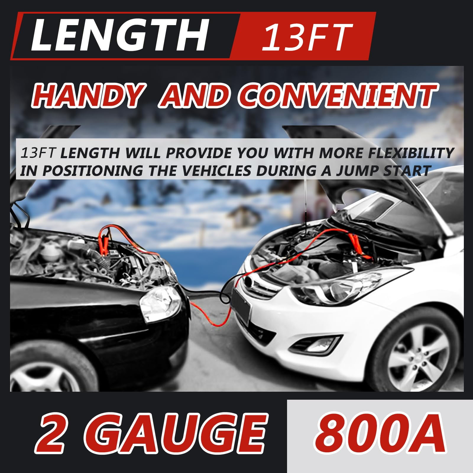 Heavy Duty Jumper Cables, 2 Gauge 13 Feet 800 Amp Automotive Booster Cables for Car Battery, for Car, SUV and Trucks Battery