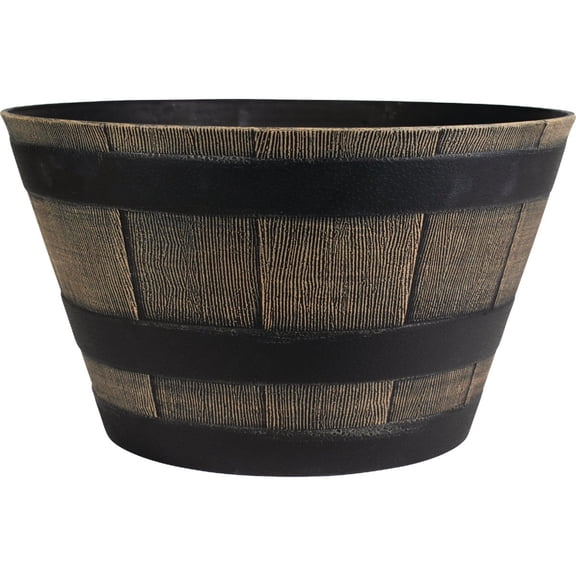The HC Companies 15.5 Inch Whiskey Barrel Planter - Weather Resistant Resin Plant Pot for Indoor Outdoor Use in Dark Oak Color Faux Wood
