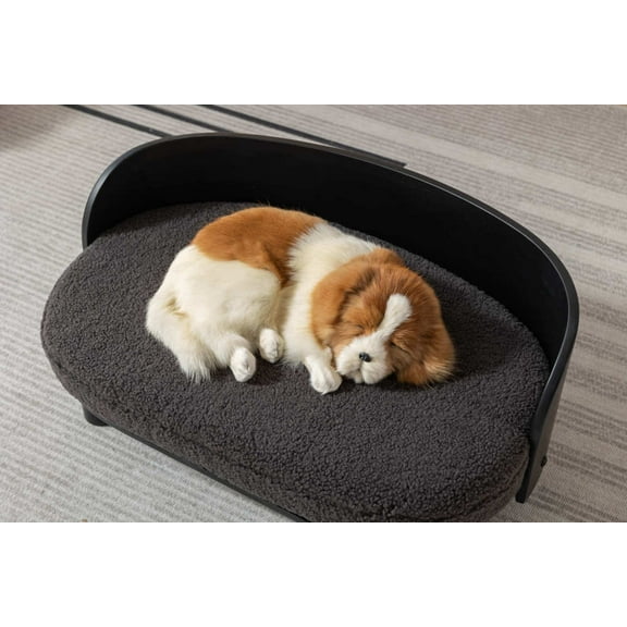 Scandinavian style Elevated Dog Bed Pet Sofa With Solid Wood legs and Bent Wood Back, Cashmesh Cushion, Black wood, Darcy grey cashmesh