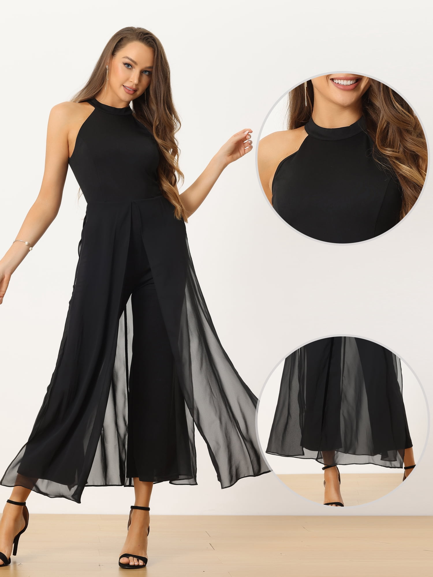 DARING DIVA Women's Sleeveless Chiffon Wide Leg Jumpsuit XL Black