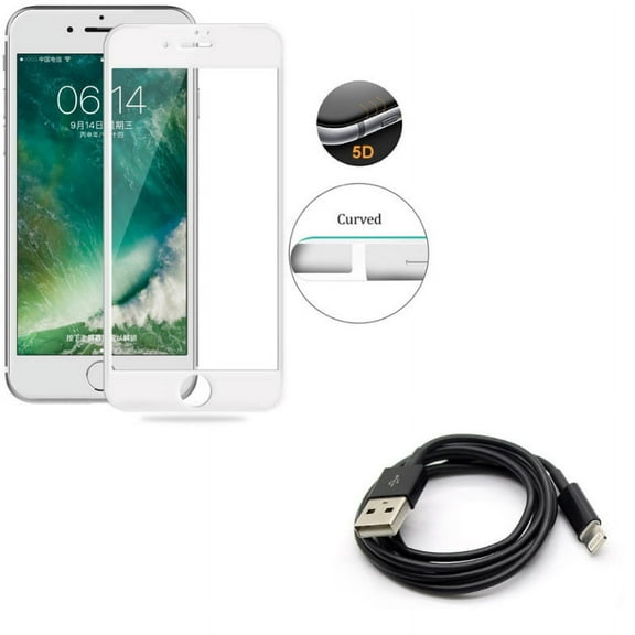 iPhone 7/8 PLUS Screen Protector w USB Cable - Tempered Glass 5D Touch Curved Edge Full Cover, Charger Cord Power Wire Sync for iPhone 8 PLUS/7 Plus