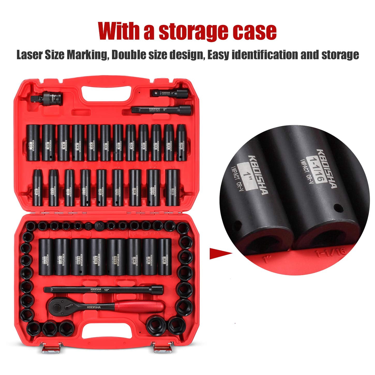 1/2" Master Drive Impact Socket Set,65-Piece 6 Point Socket Set Standard SAE and Metric Sizes CR-V Steel Sockets with Adapters & Ratchet Handle