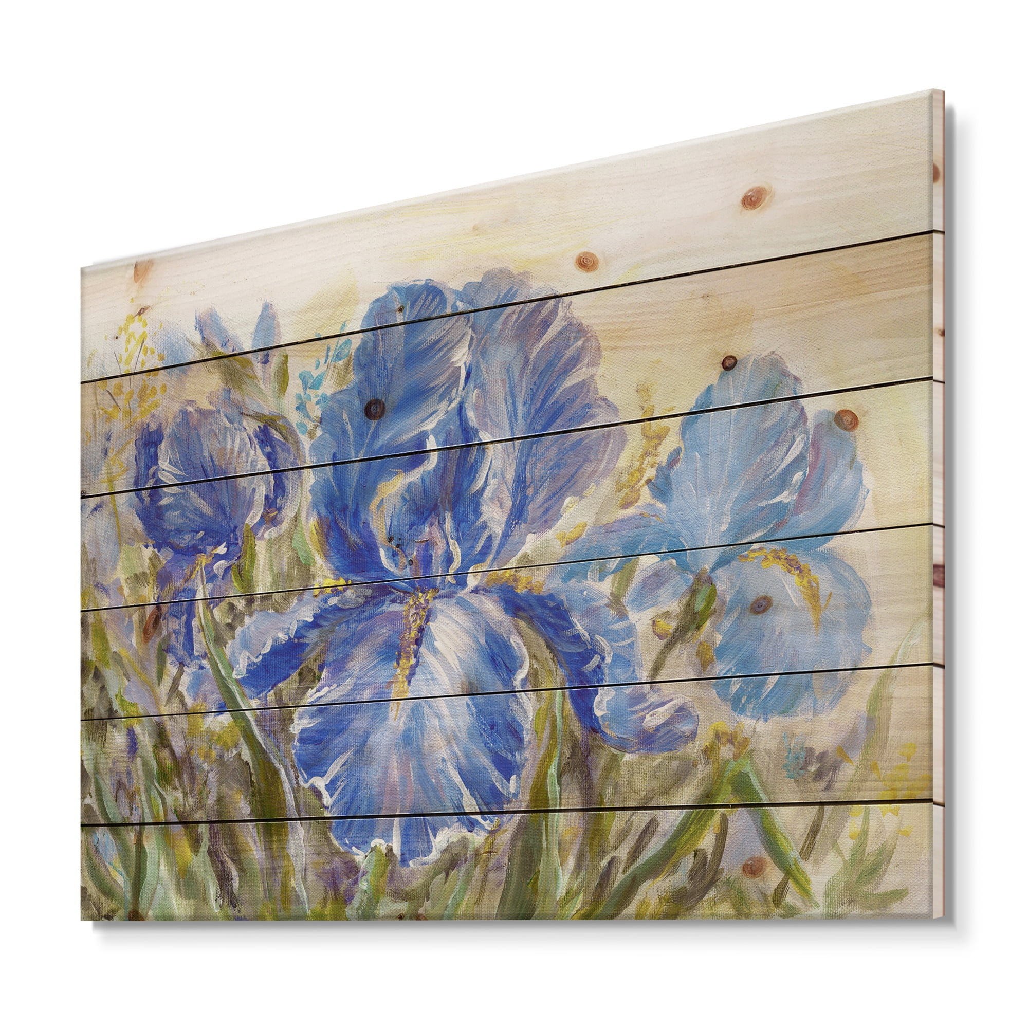 Designart 'Blue Irises Blossoming Flowers' Traditional Print on Natural Pine Wood