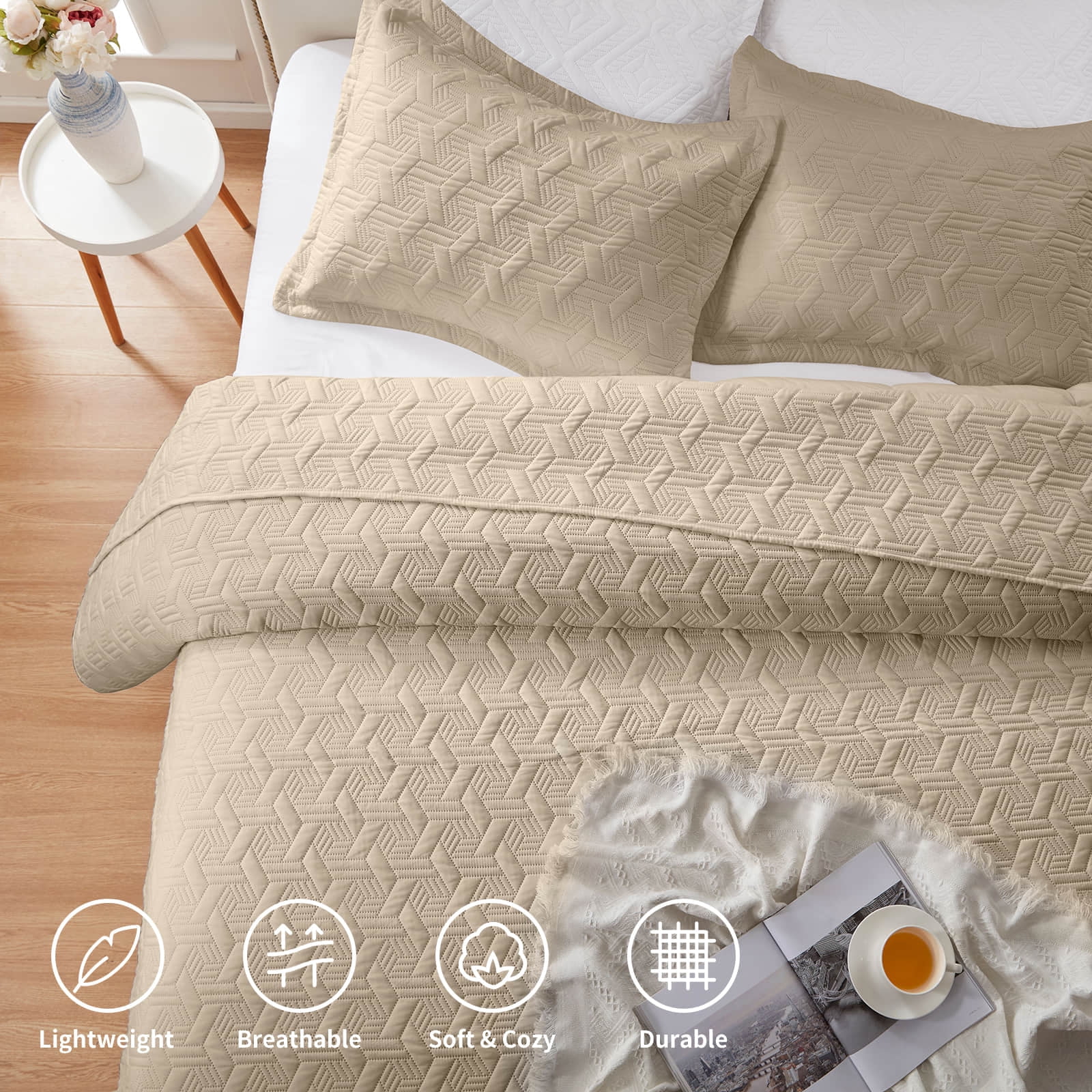 Quilt Set King Size 3 Pieces, Lightweight Beige Bedspread-98''x106'', Soft Microfiber Summer Quilt/Coverlet,Luxurious Warm Bedding Sets for All Seasons (Includes 1 Quilt, 2 Shams)