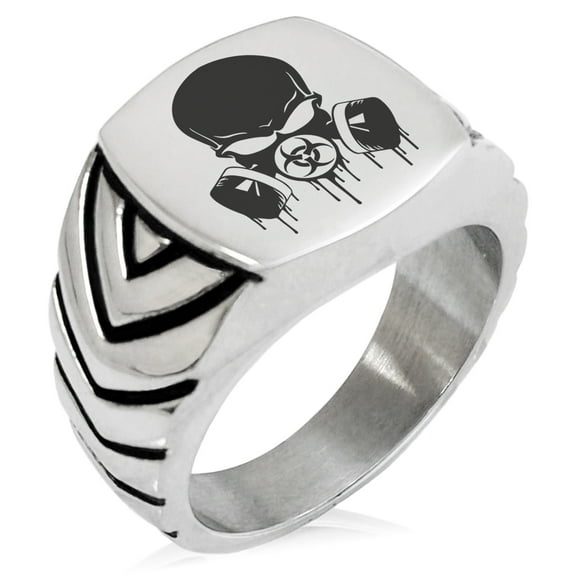 Stainless Steel Biohazard Skull Gas Mask Chevron Pattern Biker Style Polished Ring