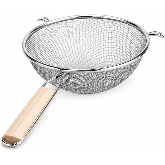 8-Inch Stainless Steel Double Mesh Food Strainer Colander - Fine Sieve Sifter with Wooden Handle for Kitchen Cooking, Pasta, Rice, Noodles, and More