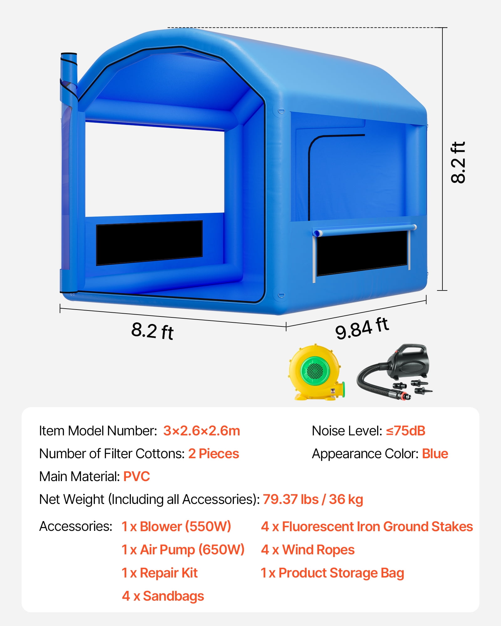 VEVOR Inflatable Paint Booth, 9.84 x 8.2 x 8.2 ft, Inflatable Spray Booth with 550W Powerful Blower and Air Filter System, Round Roof, for Painting Bicycle, Motorcycle, and Automotive Sheet Metal