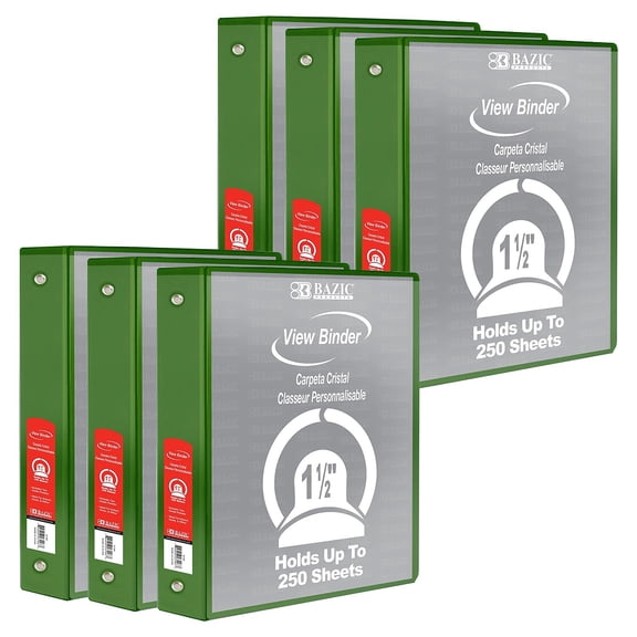 BAZIC Products 3-Ring View Binder with 2 Pockets, 1.5", Green, Pack of 6