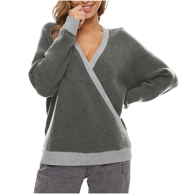 Yuyuzo Sweater Blouses Long Sleeve V Neck Pullover Patchwork Knit Tops Fall Winter Casual Solid Color Sweaters