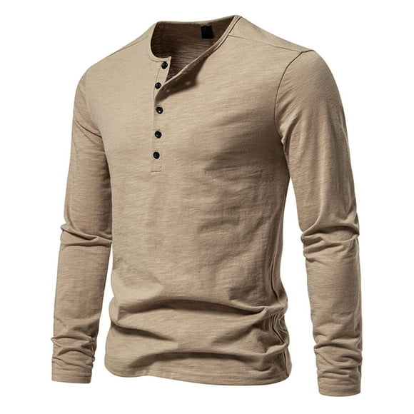 VALMASS Men's Henley Shirts Cotton Long Sleeve Casual Solid Color Crewneck Tops Soft Slim Fitting Button T-Shirts (XL, Khaki)