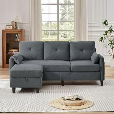 Convertible Sectional Sofa, 77" Small L Shaped 3 Seater Couch with Reversible Storage Chaise, Modern Polyester Fabric Sofa Couches for Living Room, Apartment and Small Space$$Furniture