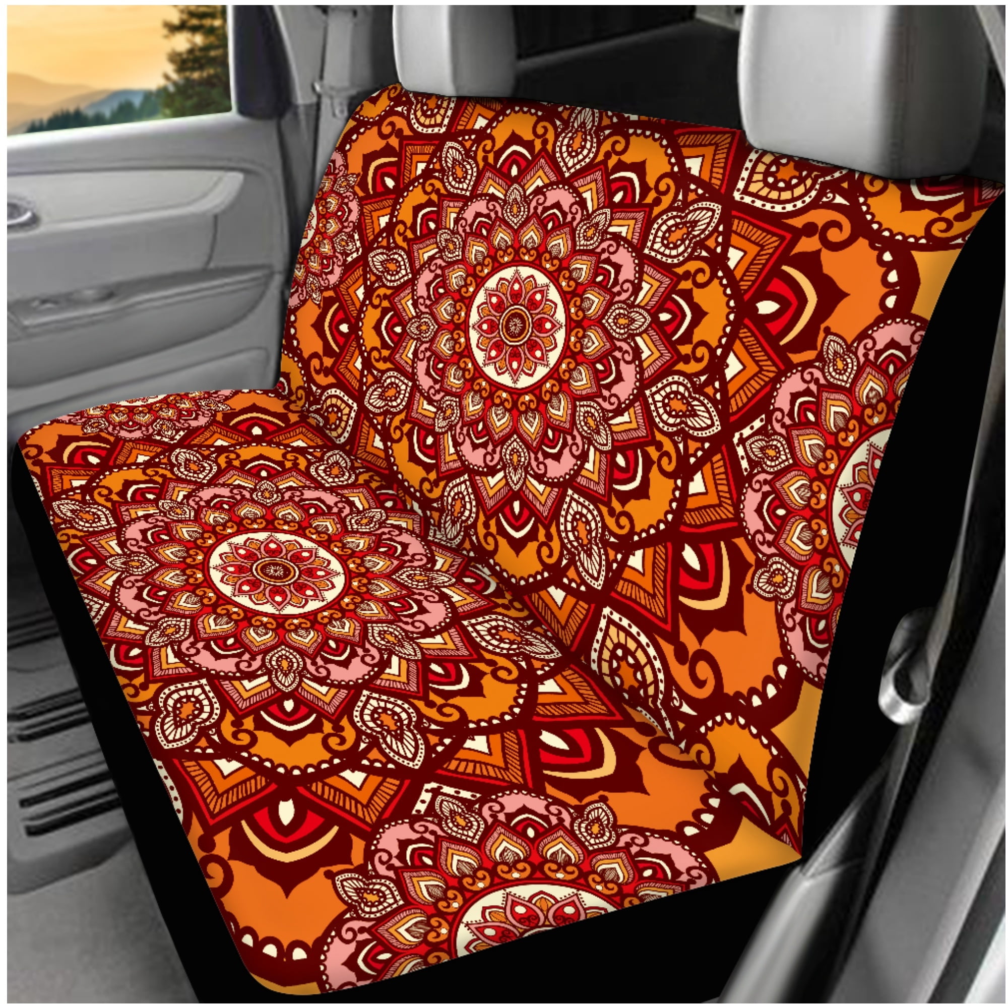 Jeiento Orange Boho Mandala Car Seat Covers Full Set with Steering Wheel Cover Safe Belt Pads Headrest Covers Coasters Center Console Cover Keychain 14 PCS Auto Accessory Interior Sets