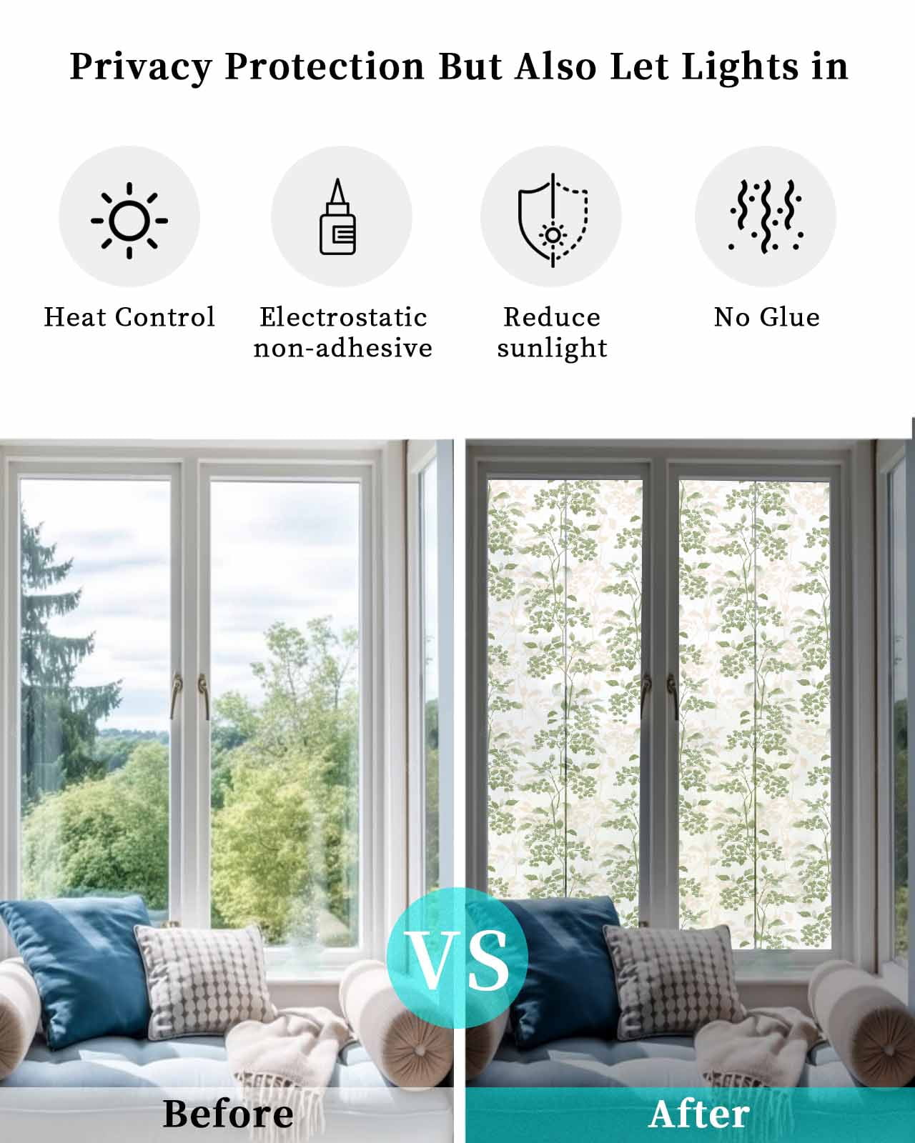 Window Privacy Film Sage Green Botanical Stained Glass Window Film Decorative Sun Block Window Cover Vintage Nature Flower Window Clings Static Adhesive Sticker for Bathroom 23.6"x78.7"