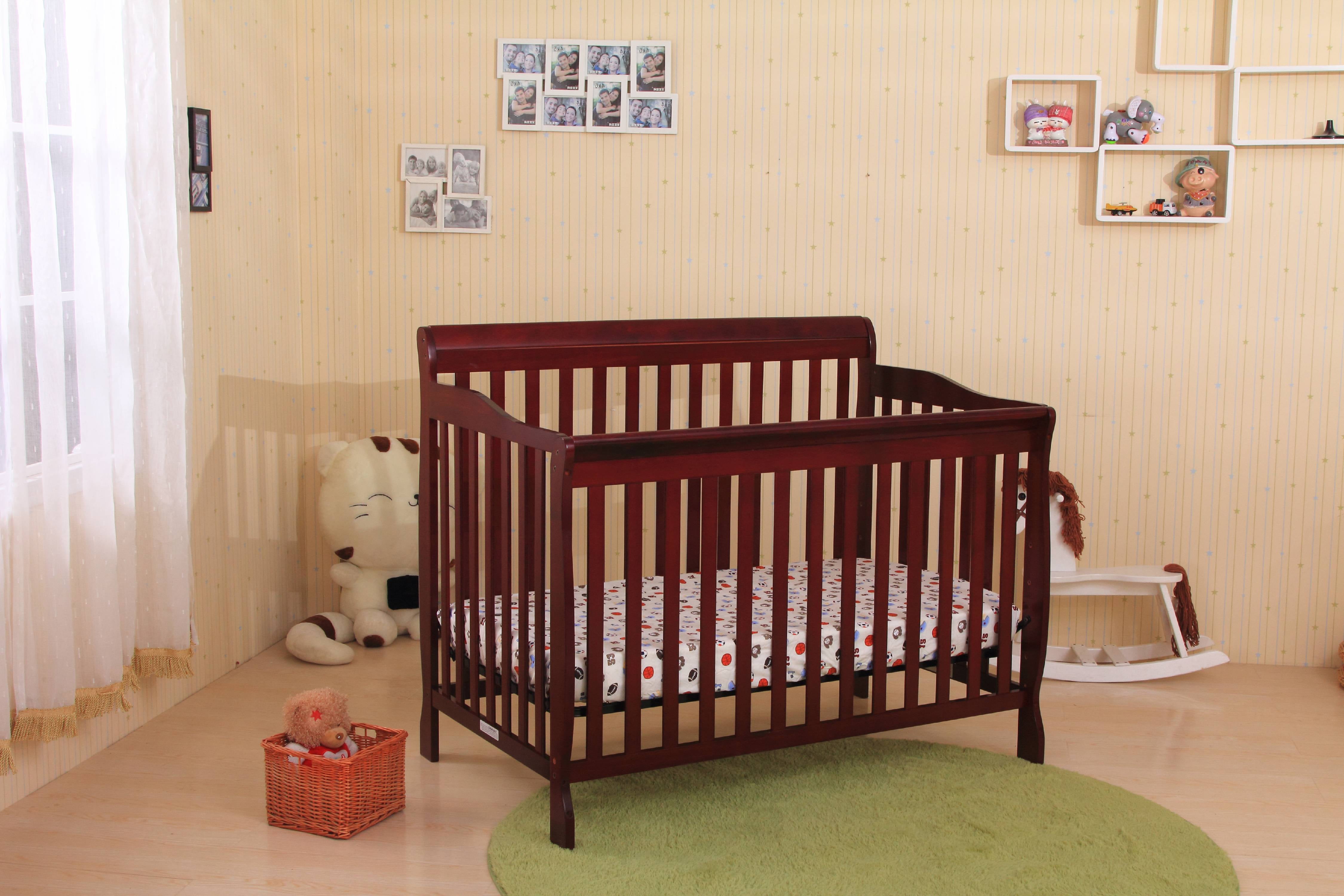 Cherry Wood Convertible Baby Crib Toddler Bed With Spring