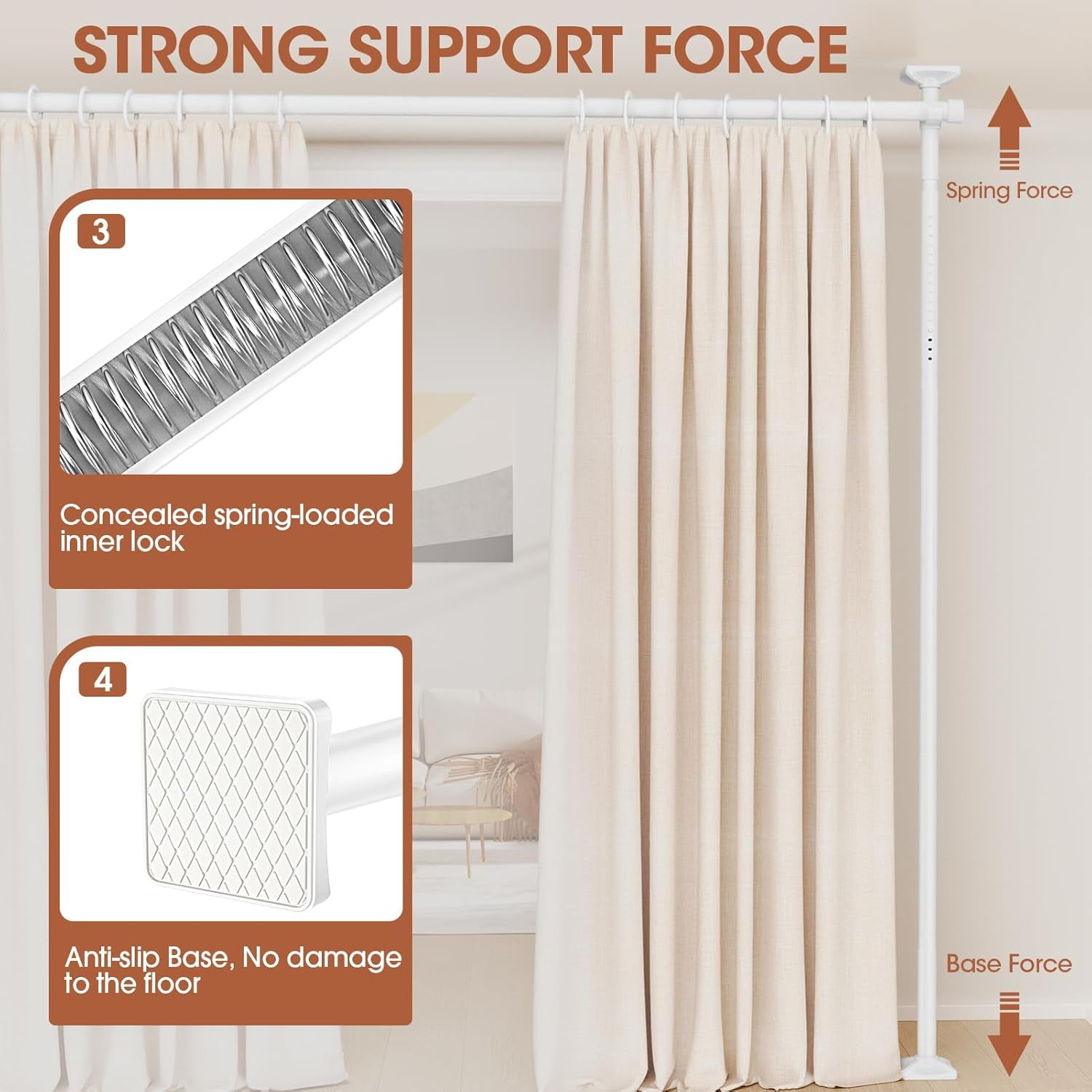 Room Divider No Drilling Curtain Rod Wall Divider for Room Separation, 4-10ft(H) 28-114inch(W) Adjustable, Heavy Duty Partition Space Separator Freestanding Tension Curtain Stand, White