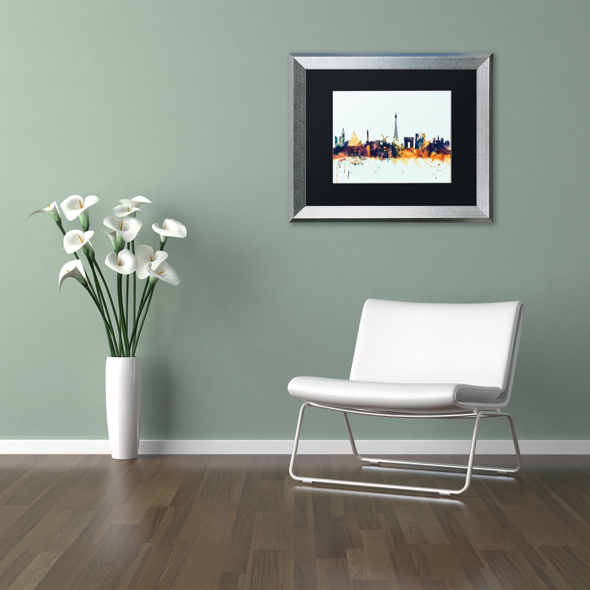 Trademark Fine Art "Paris France Skyline Blue" Canvas Art by Michael Tompsett, Black Matte, Silver Frame