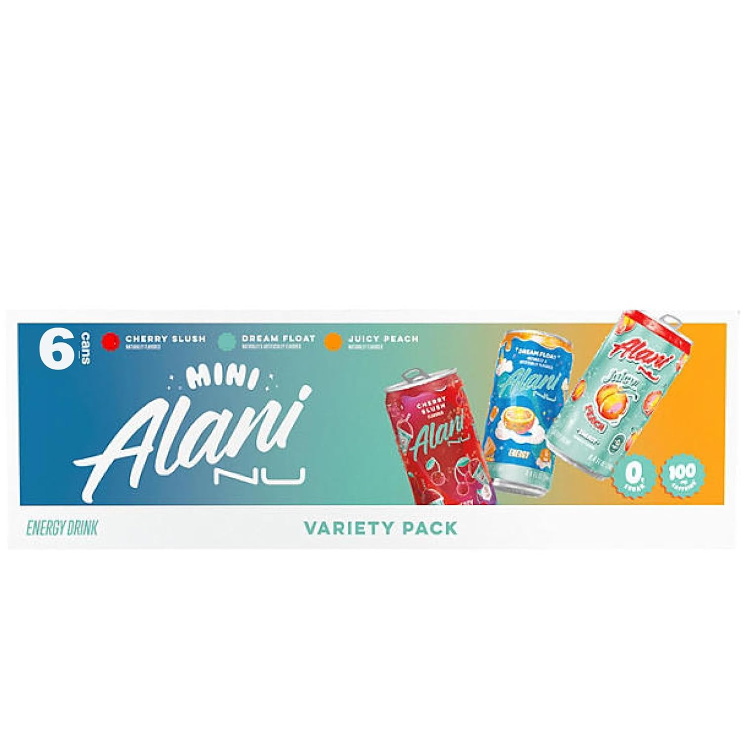 New Alani Mini Energy Drinks, Dream Float, Cherry Slush, Juicy Peach Variety Pack, Sugar Free, Low Calorie, Energy Boost Drinks 8.4oz Cans (6 pack)