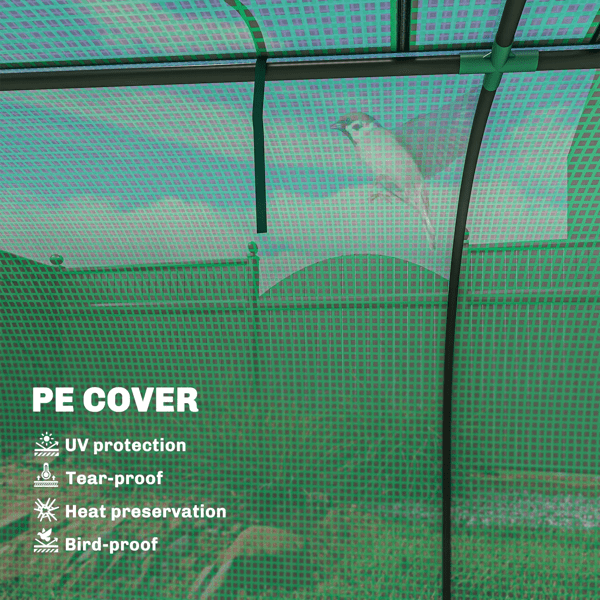 Green & Dark Green Wide Low-Profile Greenhouse with 4 Roll-Up Zipper Doors, UV-Protective PE Cover, Steel Frame, Windproof Level 4 for Balcony & Patio