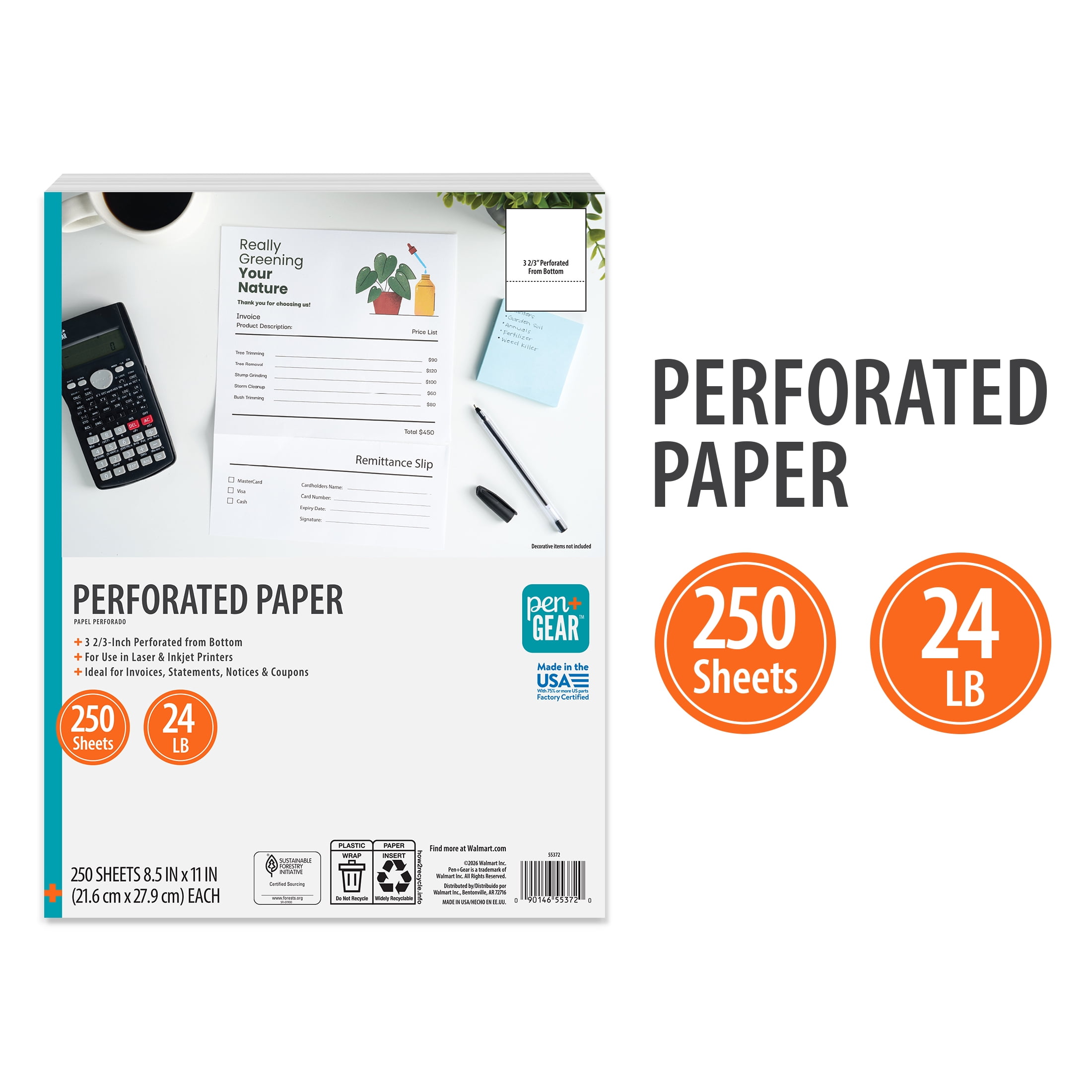 Pen+Gear Perforated Printer Paper, 8.5" x 11", 24 lb, White, 250 Sheets