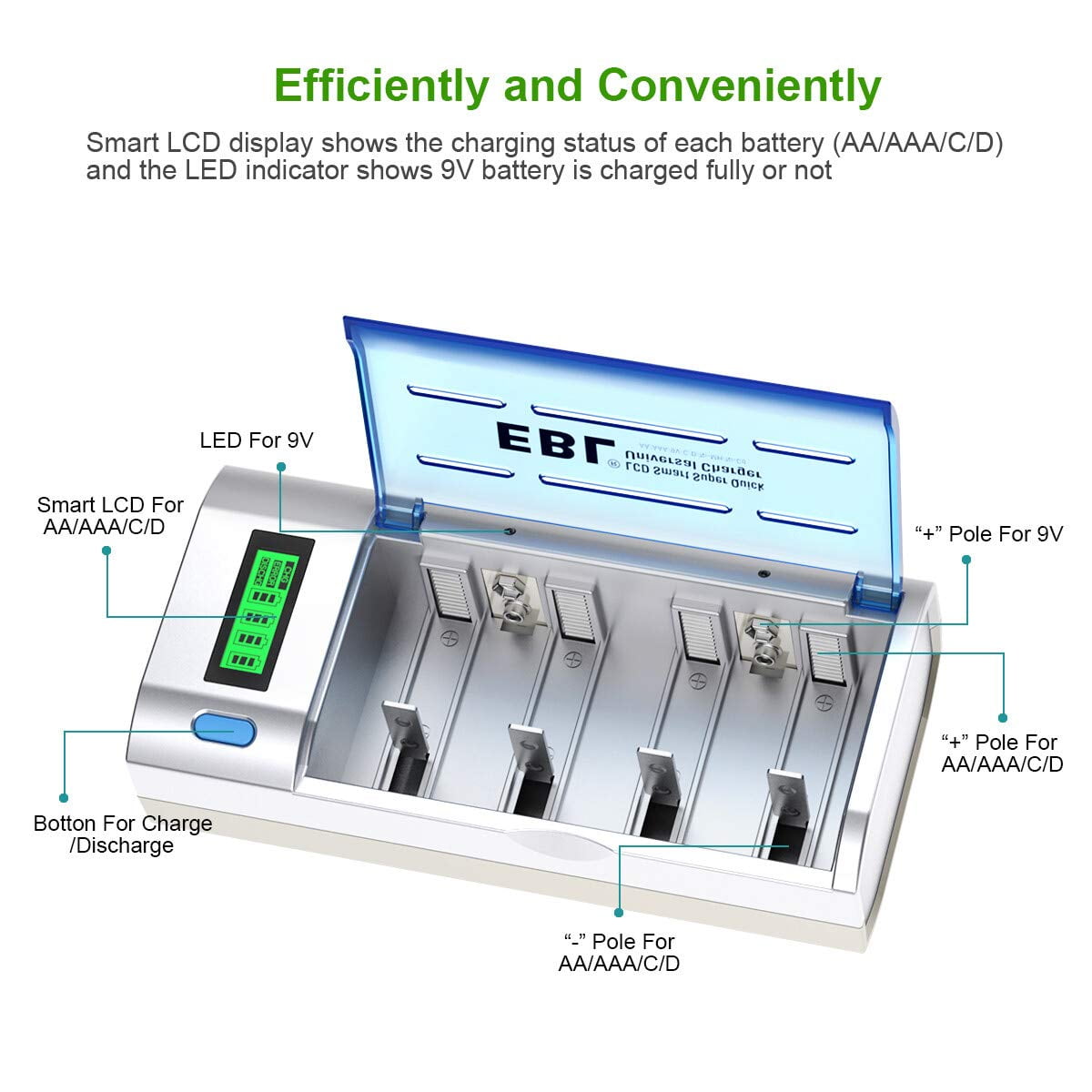 EBL D Cells 10000mAh Rechargeable Batteries (2 Counts) 1.5V with C D 9V AA AAA Battery Charger