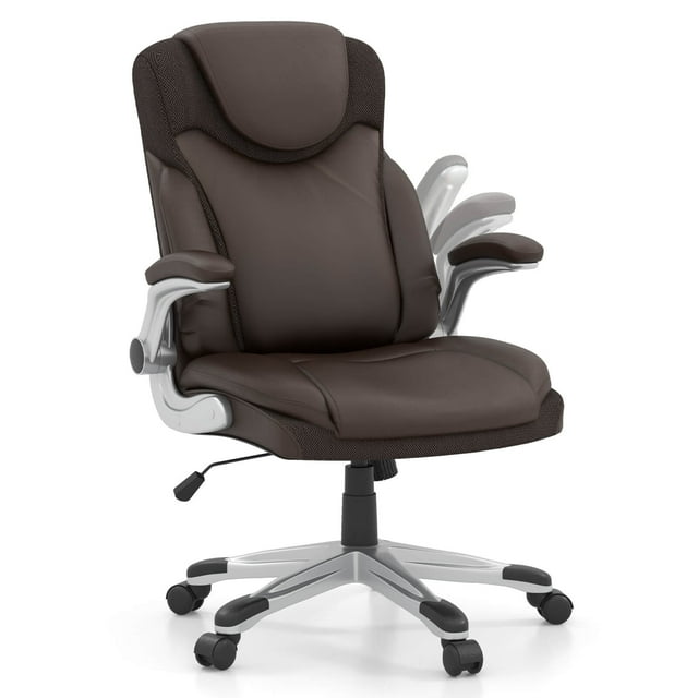 Costway Ergonomic Office Chair PU Leather Executive Swivel with Flip-up Armrests Brown