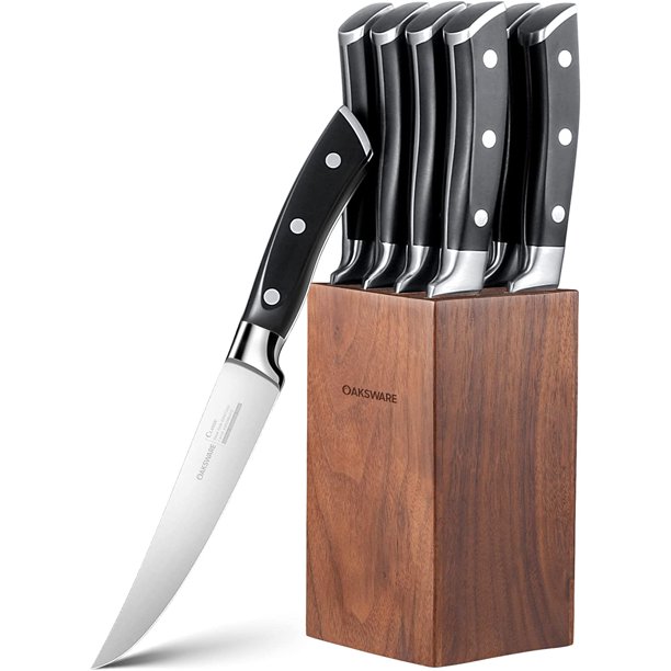 Steak Knives Set of 8 with Walnut Block, 5 inch Non Serrated Steak