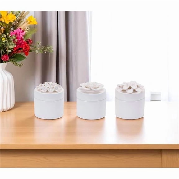 HomeRoots 634504 White Ceramic Flowers Decorative Keepsake Boxes - Set of 3
