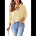 thumbnail image 2 of Camisas de Mujer con Botones, Blusas Clásicas A Rayas de Larga con Cuello y Bolsillo para Oficina. Amarillo M, 2 of 8