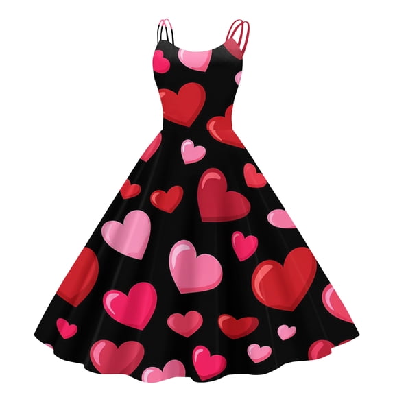 Evening Prom Party Dress For Valentine's Day Love Heart Print Fashion Swing A Line Sleeveless Dress Black S