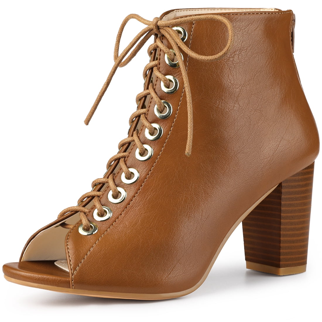 Brown Peep Toe Booties Block Heel Block Heel Peep Tan Leather Open