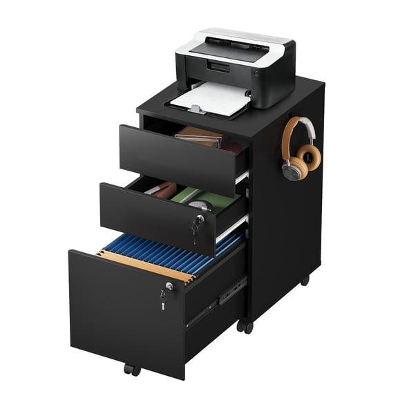 GALAXHERO File Cabinet 3 Drawers with Lock, Rolling Wood Cabinet for Home Office, Fits Letter/A4/Legal Size, Retractable Hook, Black
