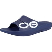 OOFOS OOahh Sport Slide Sandal, Navy White - Mens Size 5, Womens Size 7 - Lightweight Recovery Footwear - Reduces Stress on Feet, Joints & Back - Machine Washable - Hand-Painted Graphics