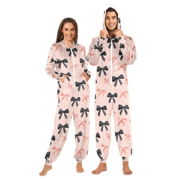 Adult Christmas Onesie Pink Black Bows Adult Zipper One-Piece Pajamas Unisex Pajamas with Pockets