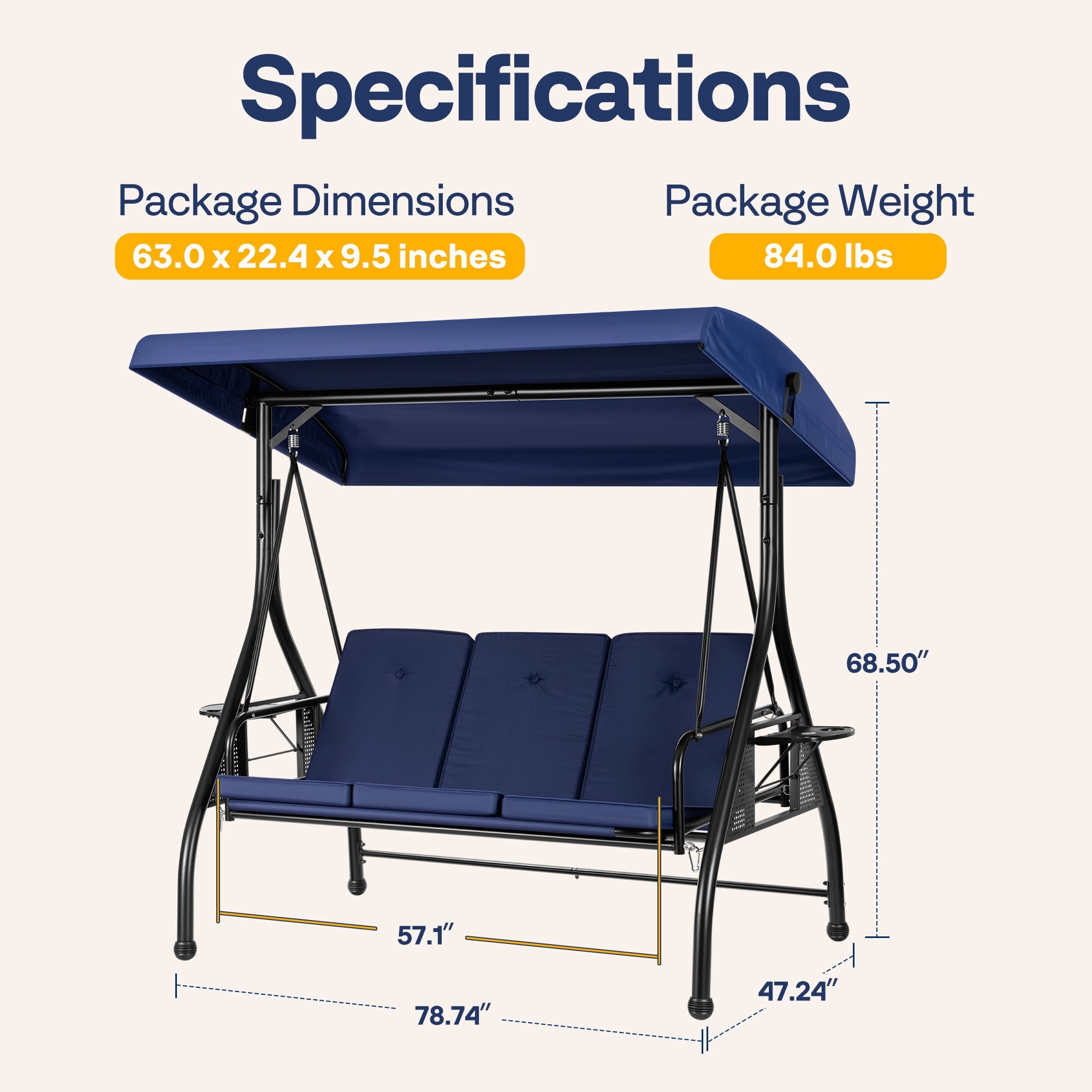 SPECSTAR 3 Seats Patio Swing Chair, Outdoor Converting Canopy Swing Chair w/ Removable Cushion,Swing Glider Hammock for Patio, Garden, Navy Blue