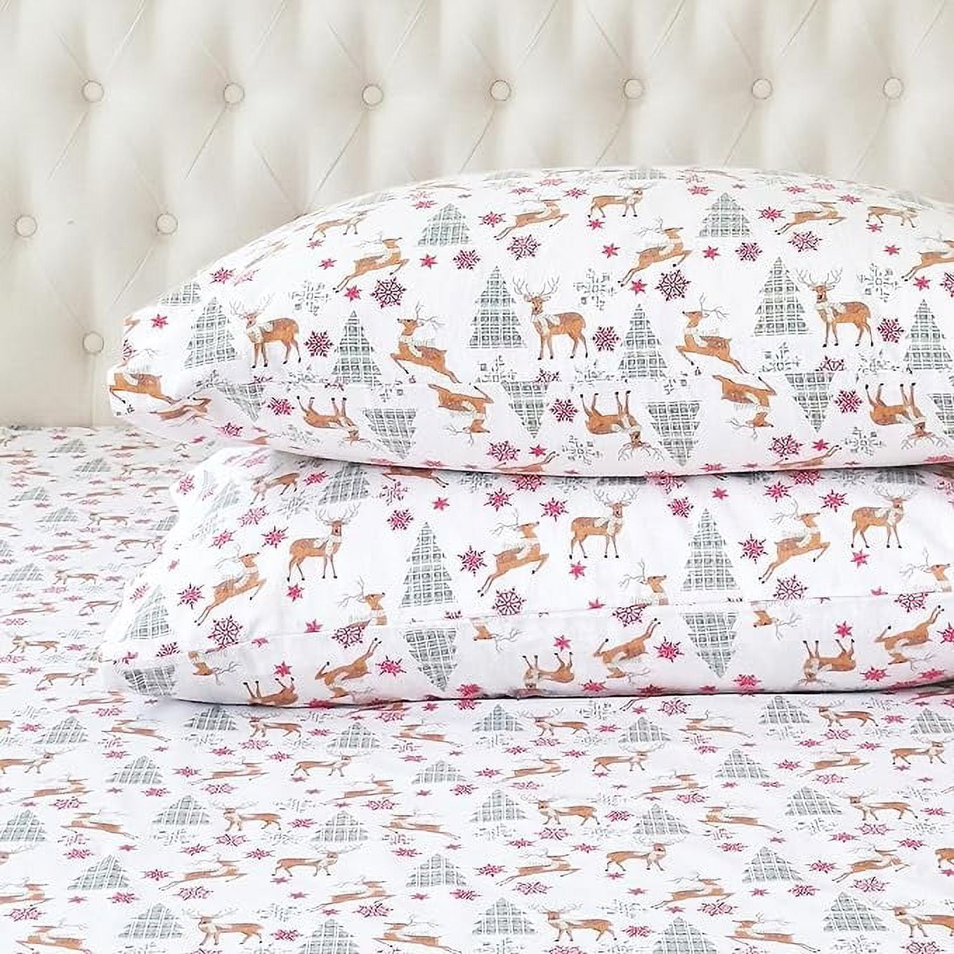Elegant Comfort - 4 PIECE Holiday Christmas Flannel Cotton Sheet Set, Deep Pocket Fitted - King, Plaid Deer