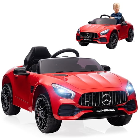 12V Ride on Car for Kids, Licensed Mercedes Benz Battery Powered Electric Vehicle with Remote Control, Leather Seat, LED Lights, MP3 Player, Smooth Start, 3 Speeds