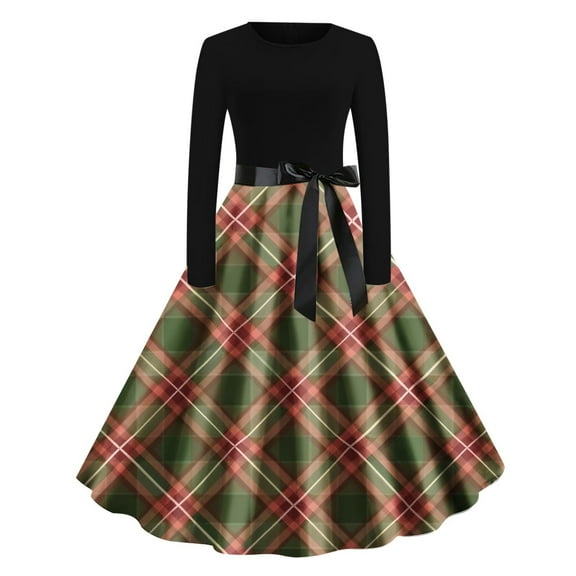 Lorytime Christmas 50s Prom Dresses for Women Crew Neck A Line Dress Long Sleeve Party Dresses with Belt