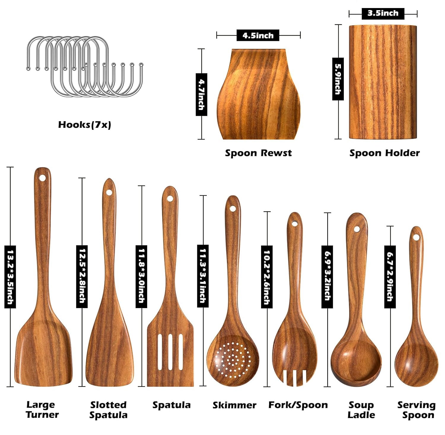 9-Piece Wooden Cooking Utensils  for Cooking – Wooden Spoons and Spatulas Teak Wood Kitchen Utensils Set, Holder, Spoon Rest, Hooks, Heat Resistant for Nonstick Cookware BPA FREE