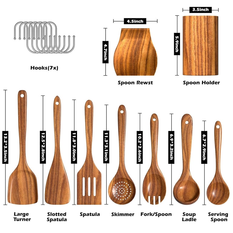 Oannao 9-Piece Teak Wooden Utensil Set With Holder & Hooks photo 6