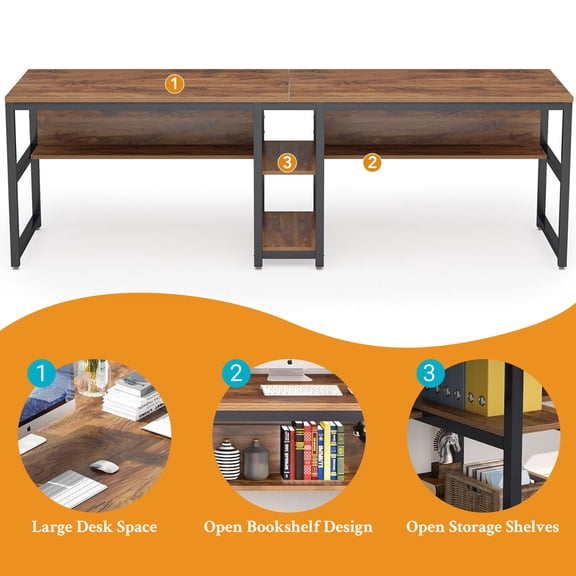 KIOOTTO 78.7" Two-Person Computer Desk: rustic brown wood, black steel frame, open shelves, center storage. Stylish and functional for shared home offices.