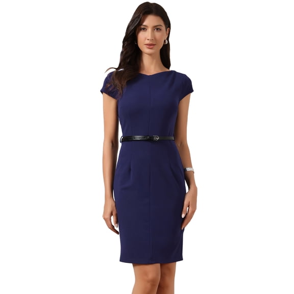 DARING DIVA Women's Work Summer Cap Sleeve Belted Bodycon Sheath Dress XS Dark Navy