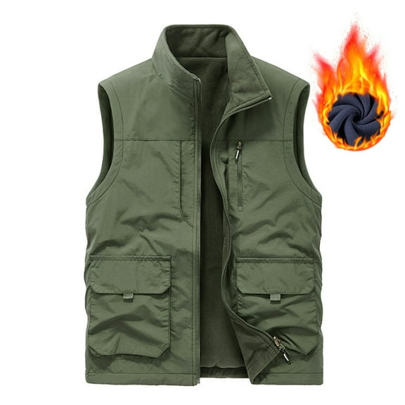CharmCyan Mens Winter Fleece Cargo Vest Outdoor Multi Pocket Sleeveless Jacket Warm Thick Work Waistcoat Army Green L