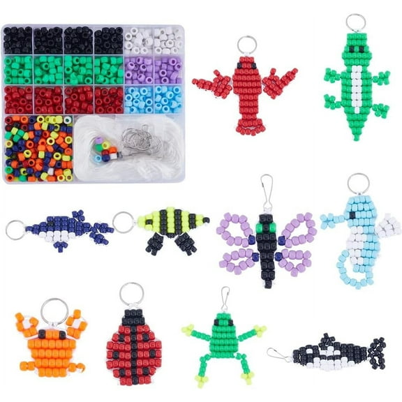 1 Box DIY 10 Sets Bead Animals Keychain Kit 8mm Large Hole Pony Beads Pets Animal Video Tutorials Red Green Gecko Lizard Beading Animal Bead Pet Key Chains Polyester Cord String