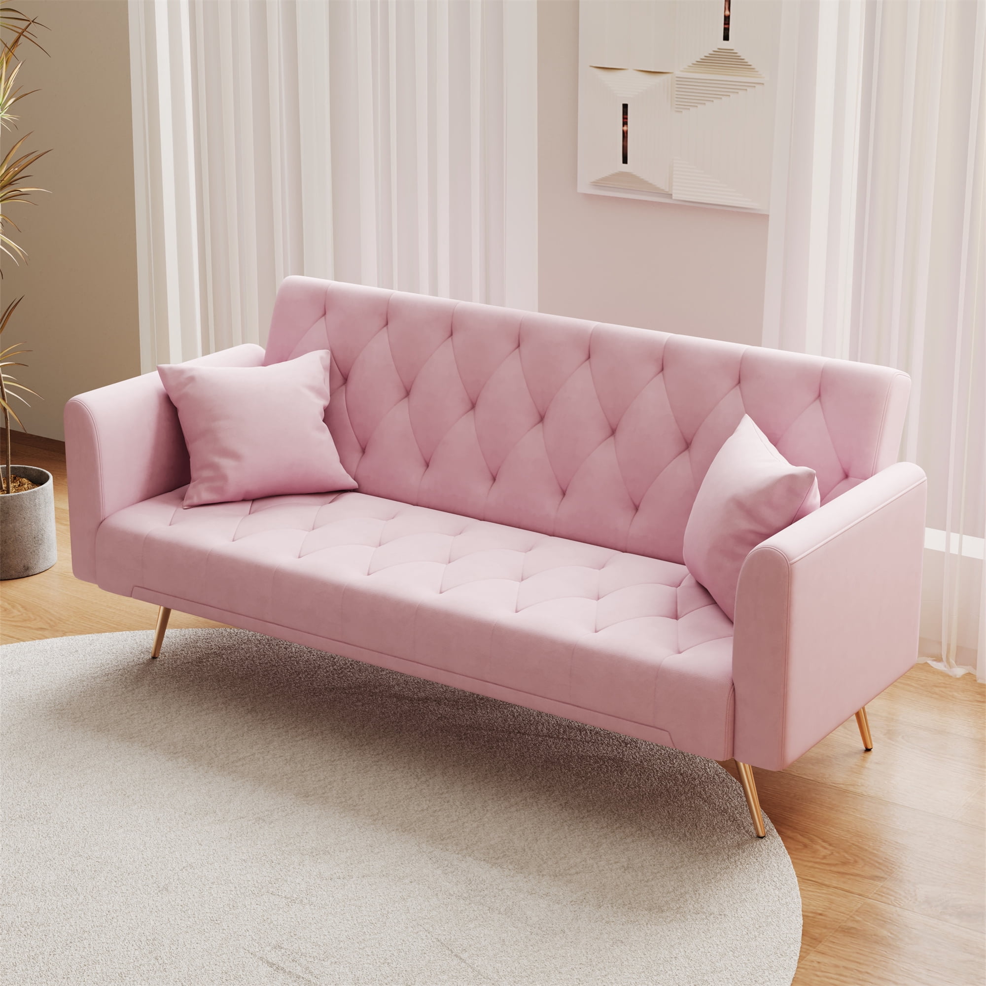 Aukfa Curved Arm Futon Convertible Sofa Bed for Home Office, 2 Pillows, Tufted Back, Velvet, Pink