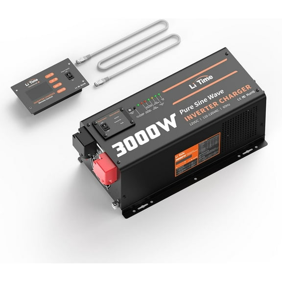 LiTime 3000W Pure Sine Wave Inverter Charger, 12V DC to 110V - 120V AC, 9000W Peak Power, 5A - 45A Adjustable Current, with Remote Control Panel, UPS Function, for RV and Home Backup