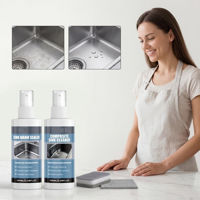 Kit de Limpieza 2 En 1 para Fregaderos con Spray Sellador: Elimina La Cal, La Grasa y Las Manchas para Una Protección Impermeable En Fregaderos de Cocina y Baño.