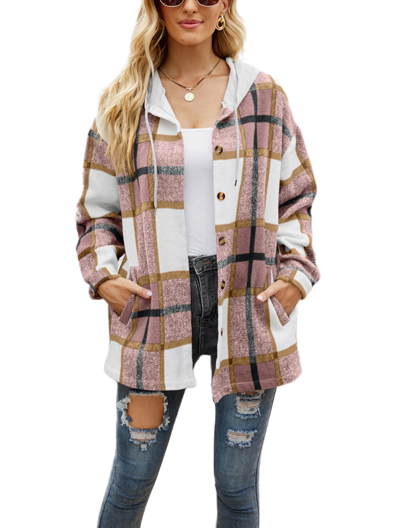 wsevypo Women Flannel Jacket with Hood Fall Plaid Hooded Shacket Shirt ...