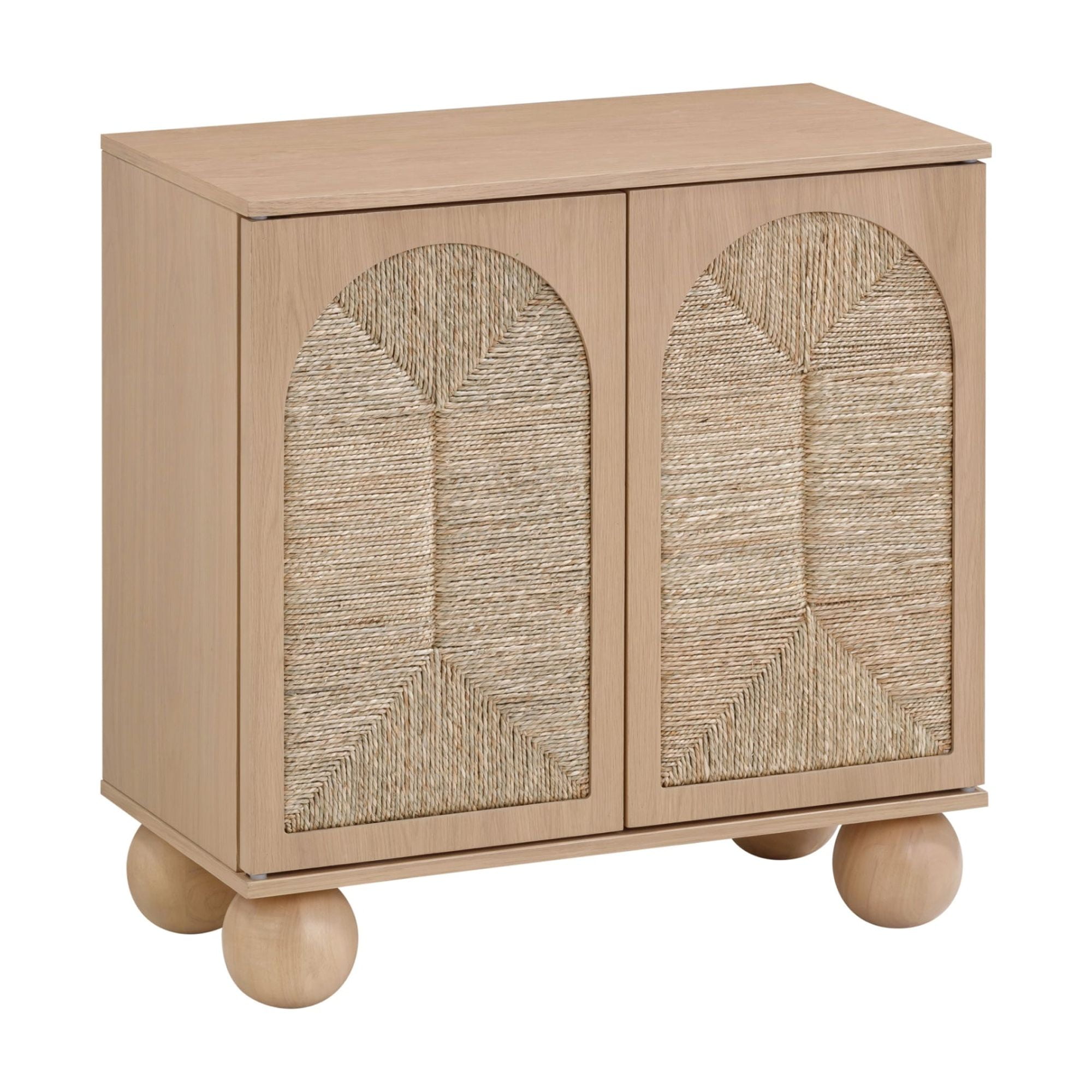 Nathan James Leah Boho Entryway Storage Cabinet or Sideboard Cabinet for Kitchen or Living Room with Ball-Style Feet, Natural Seagrass Door Fronts and Solid Wood Legs, Raw Oak