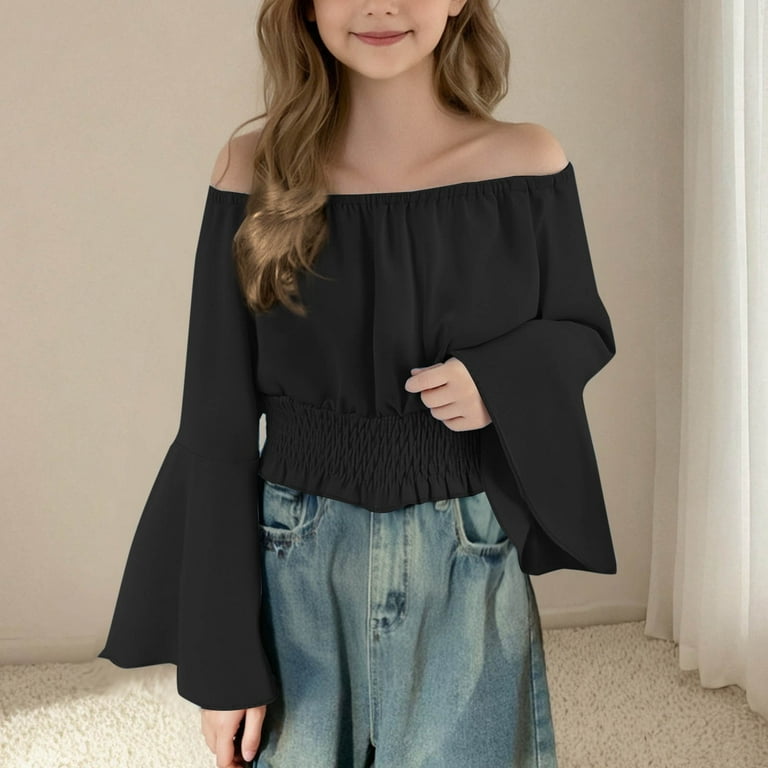 Hvyesh Girl's Off Shoulder Tops Ruffle Trim Puff Long Sleeve